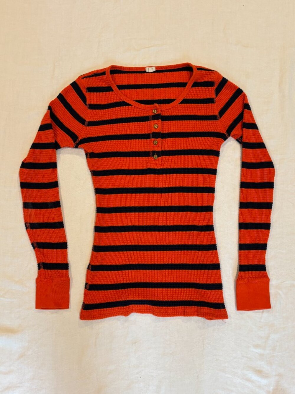 J.Crew 100% Cotton Waffle Thermal Knit Striped Henley Orange Navy Small 22244